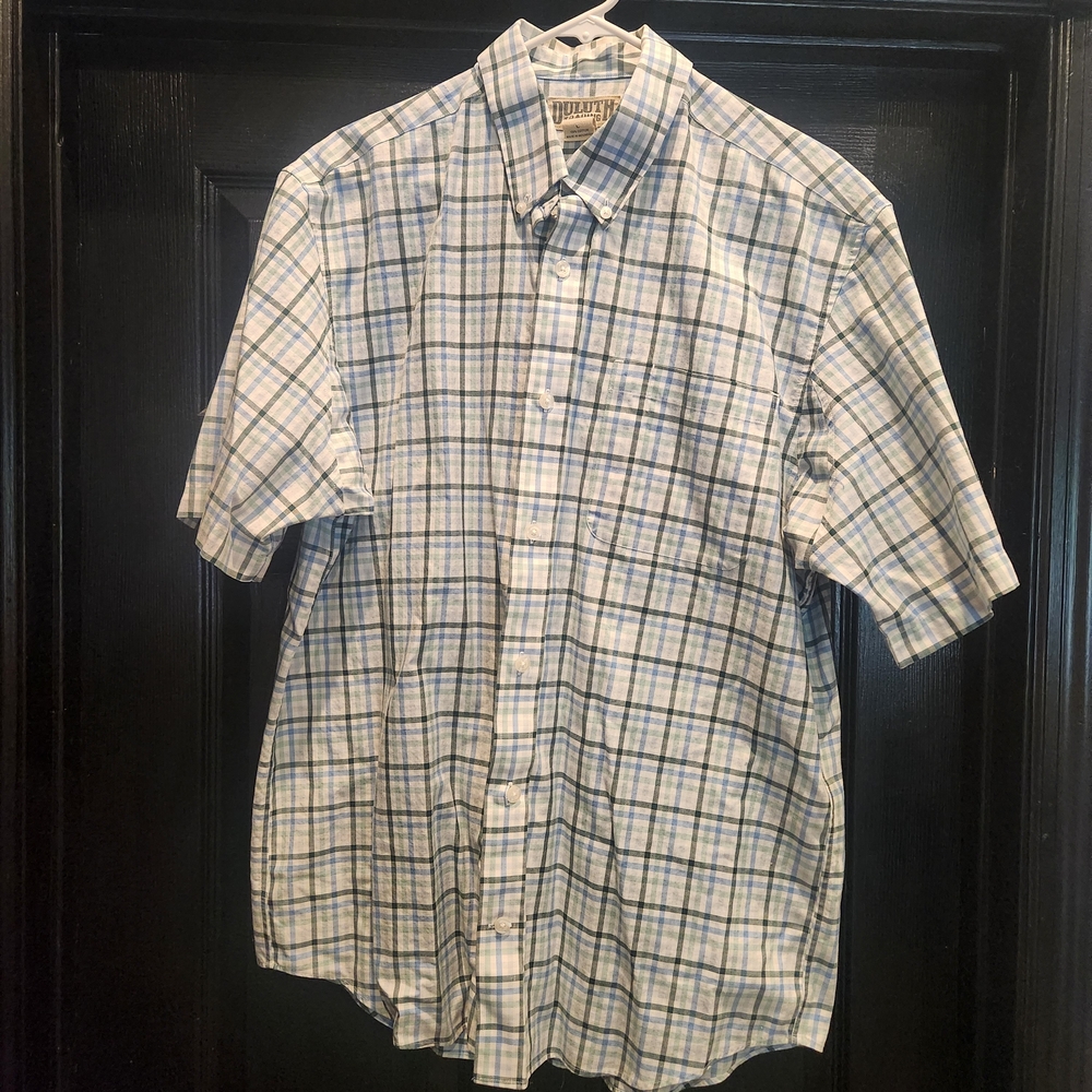 Men's Duluth Trading Blue & Green Plaid Short Sleeve Shirt Sz Large Button Down